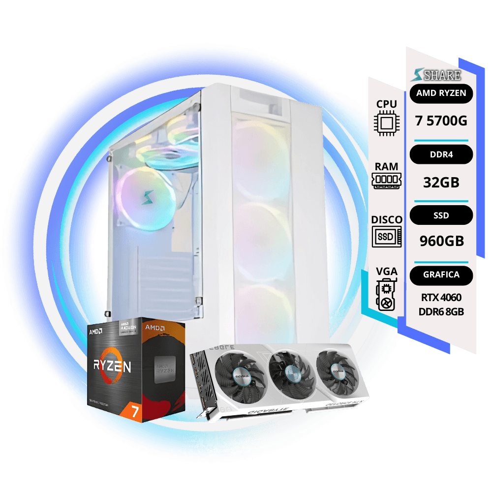 Pc Gamer ULTRA Ryzen 7 5700G + 32GB + 960GB SSD + RTX 4060 8GB + TEC y MOUSE