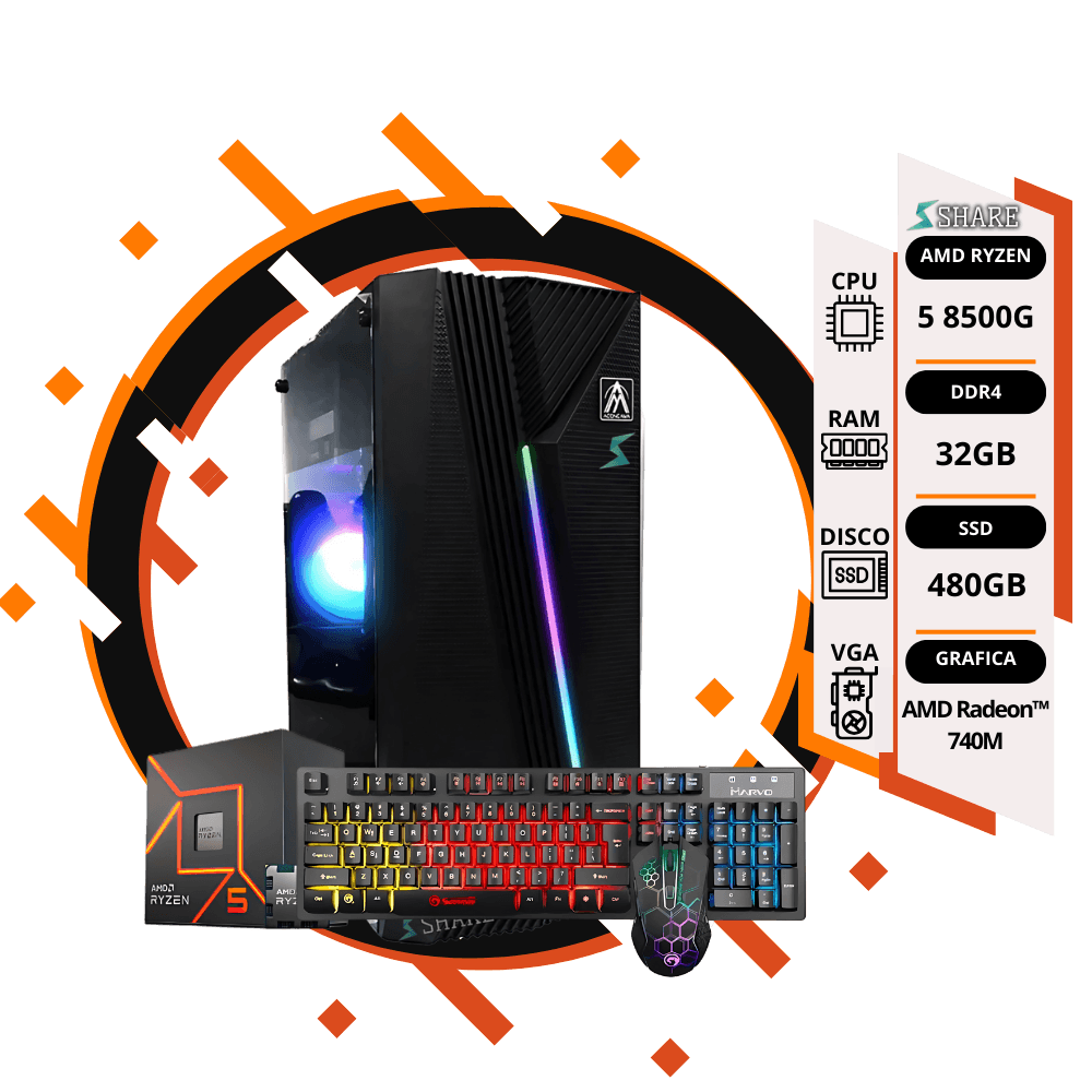 Pc Gamer Ryzen 5 8500G + 32GB + 480GB SSD + gráficos AMD Radeon™ + Tec y mouse RGB de REGALO