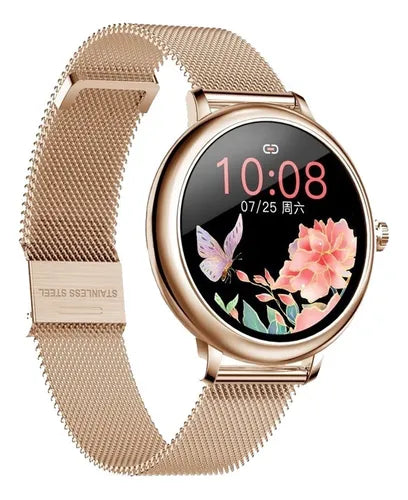 Smartwatch Genérica caja dorada, malla rosa de silicona y bisel dorado