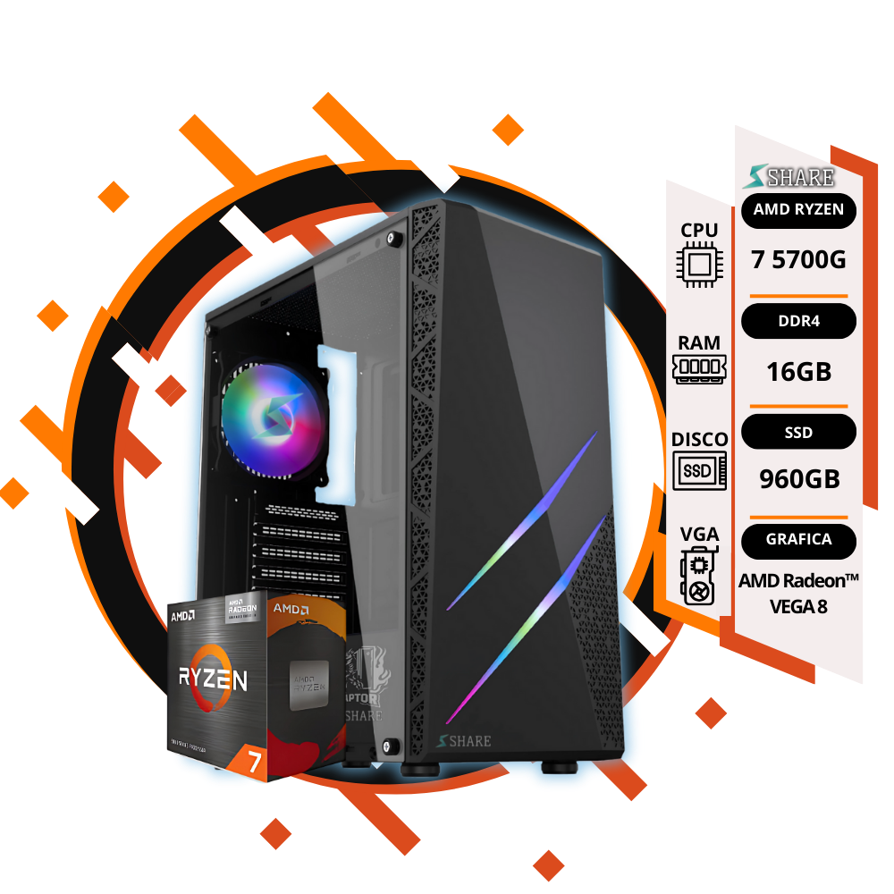 Pc Gamer Ryzen 7 5700G + 16GB + 960GB SSD + gráficos AMD Radeon™ VEGA