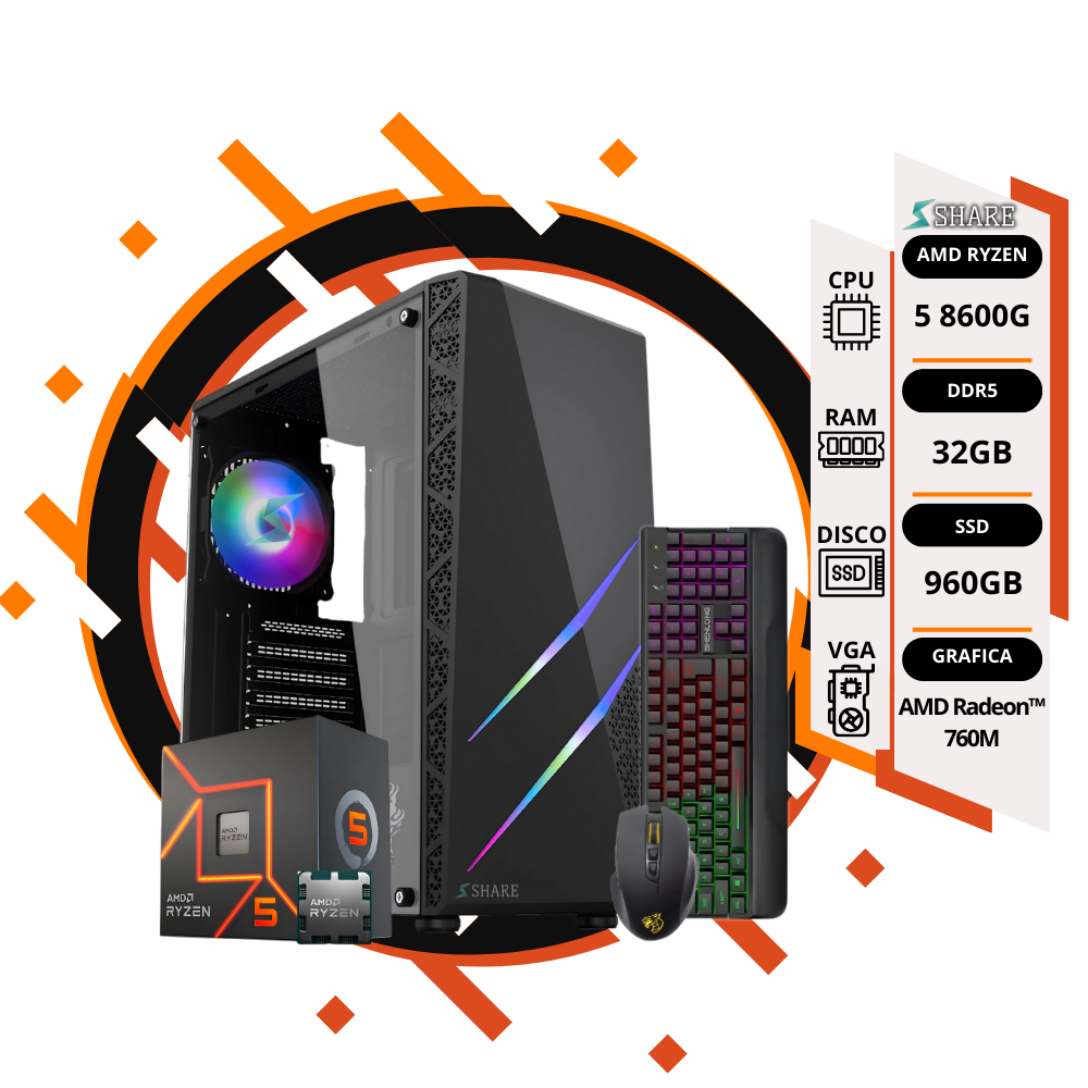 Pc Gamer Ryzen 5 8600G + 32GB + 960GB SSD + gráficos AMD Radeon™ + TEC y MOUSE RGB de REGALO
