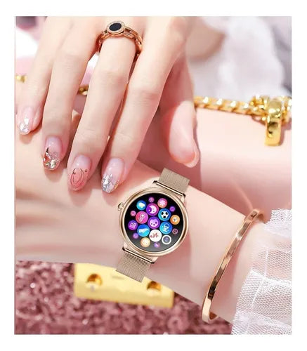 Smartwatch Genérica caja dorada, malla rosa de silicona y bisel dorado