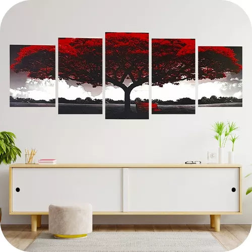 Cuadro Arbol De La Vida Rojo Blanco Y Negro Moderno Campo