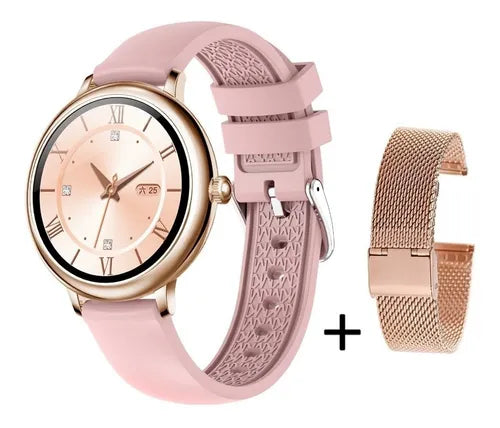 Smartwatch Genérica caja dorada, malla rosa de silicona y bisel dorado