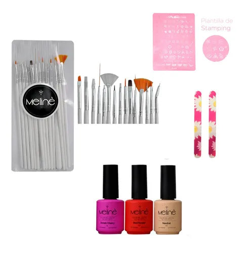 Kit Pinceles + Stamping + Limas + 3x Esmaltes Semi Meliné