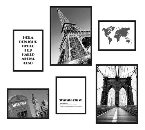 Set 6 Cuadros Ciudades Viajes Mapamundi Moderno Blanco Negro