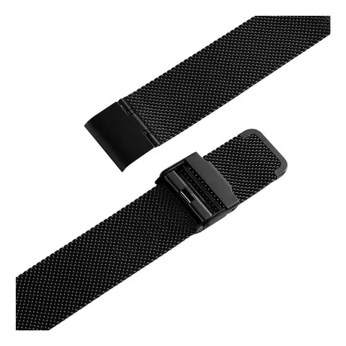 Reloj pulsera de cuerpo color negro, analógico, fondo negro, con correa de acero color negro